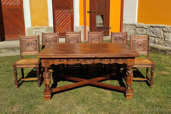 Starožitný dubový rozkládací stůl a 6 židlí