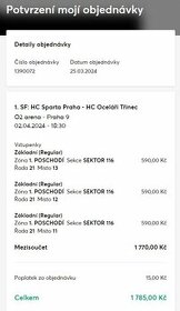 Prodám vstupenky na 1. a 2.SF HC Sparta Praha - HC Oceláři