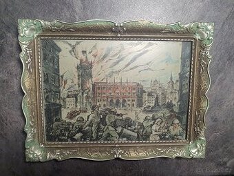 RARITA  - dobový obraz Osvobození boj barikáda 1945
