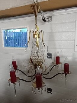 Starý závěsný lustr, křištál ze šedesátek,desingová lampička