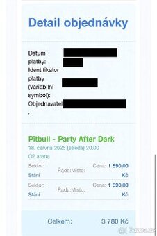 2 Lístky na dnešní koncert Pitbulla v Praze O2 Aréna