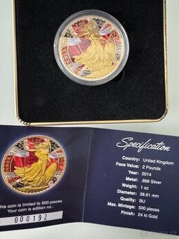 1 oz stříbrná mince, United Kingdom, 2014, 24 kt gold, 500ks
