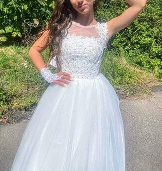 34 + 36 NOVÉ KRAJKOVÉ svatební šaty TŘPYTIVÉ