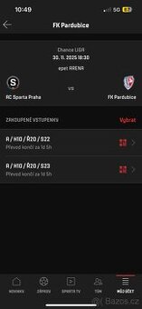 Prodám vstupenky na Sparta-Pardubice