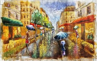 SHAUL KOSMAN - City in the rain (olejomalba) Expresionizmus