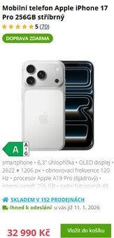 IPHONE 17 PRO 256 stříbrný