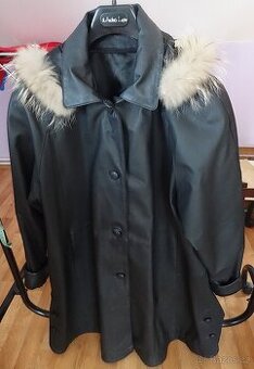dámský kožený kabát, pravá kůže i kožešina kolem kapuce