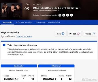 2 Vstupenky na koncert Imagine Dragons 9.6. 2025 Praha