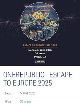 OneRepublic Praha O2 arena 5.10. - prodám lístky na STÁNÍ