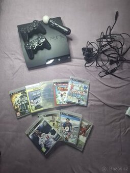 Prodám PlayStation 3 Slim – velký set: 2 ovladače, Move, Kam