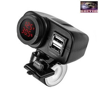 12V moto nabíječka,2xUSB,vypínač,voltmetr + teploměr.