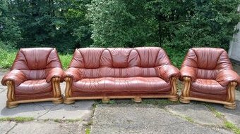 Kožená sedací souprava 3+1+1 s masiv. dub. dřevem