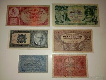 BANKOVKY 30. LÉTA, 1-100 K, 6 RŮZNÝCH NOMINÁLŮ, NEPERFOR.