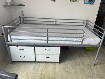 Postel 90x200x95cm kovová postel se zábradlím a matrací