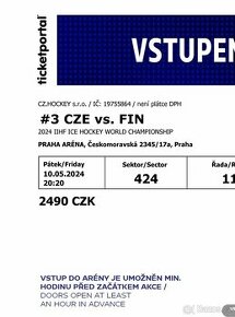ČESKO-FINSKO. Prodám lístek na MS v hokeji 10. 5. 2024