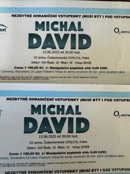 2 vstupenky na Michala Davida 13.6. O2 Arena