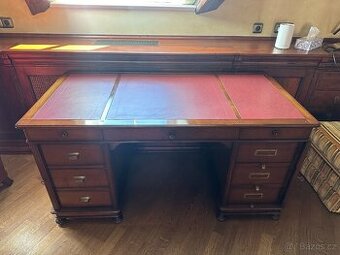 Dřevěný pracovní stůl s koženým povrchem se šuplíky (NN20)