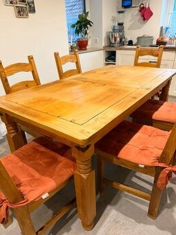 Stůl masivní jídelní a 6 židlí - masivní dřevo