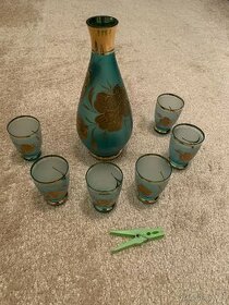 Zlacená ručně malovaná váza a skleničky-sklo,smalt - 1