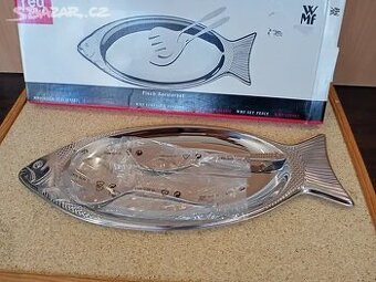 Plechový tác ryba - značkový, + vidlička a nůž