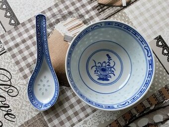 Nová retro miska se lžící z čínského porcelánu - průhledné