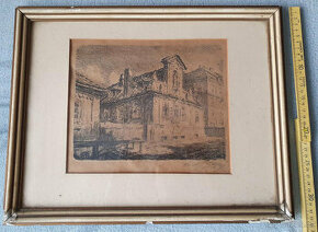 Originální obraz - budova, 1919, podpis, 25x21cm