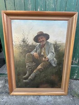 Velký obraz olej - děda na poli - František Klimeš