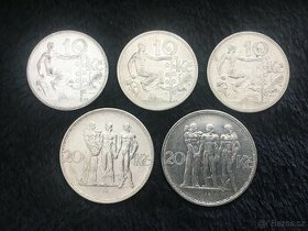 5 kusů stříbrných 10 a 20 Kč ČSR, každá mince jiná