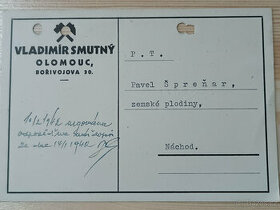 Korespondenční lístek Vladimír Smutný Olomouc 1941