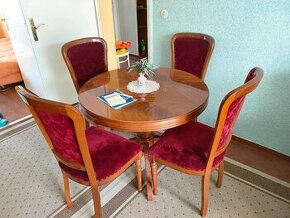 Stůl kulatý jídelní, rozkládací a 4 židle - masivní dřevo