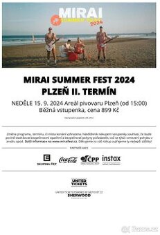 Prodám 2 vstupenky na Mirai Summer Fest