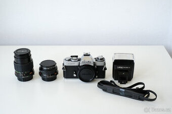 Set Minolta XD7 + 2x objektiv + blesk + popruh