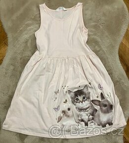 Dětské šaty s kočičkou a králíky, velikost 134/140 (9-10), s