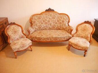 Starožitná sedací souprava s řezbou- sofa+2 křesla,1890-1920