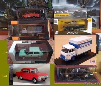 Modely 1:72 Tatra,  1:43 Praga V3S,  1:24 Škoda. Moskvič 412