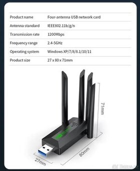 WiFi Dual Band Adaptér-USB 3, 2,4GHz,5GHz,802.11ac/a/b/g/n