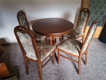 Stůl kulatý jídelní, rozkládací a 4 židle