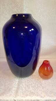 RETRO SKLO VÁZY KOBALTOVÁ A JANTAROVÁ