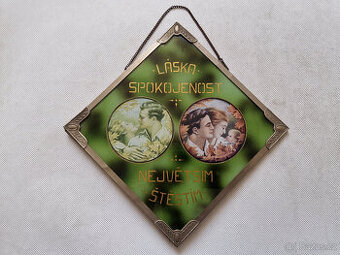 Starožitný skleněný obrázek v kovové montáži ca 1915 láska