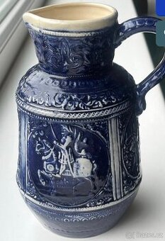 Starý kameninový džbán Westerwald – modrá glazura, rytíři