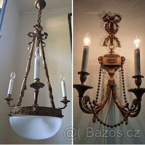 Starožitný secesní set, lustr, lampa,aplika, secese.
