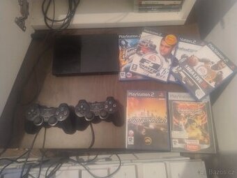 PlayStation 2 Slim + 2 ovladače,kabely,6her