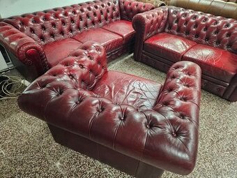 CHESTERFIELD ŠTÝL,BORDOVO-ČERVENÁ KOŽENÁ SEDAČKA