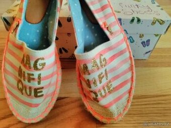 Nové espadrilky pruhované béžovo korálová