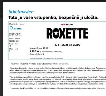 ROXETTE Praha O2 arena 6. 11. - prodám 2 vstupenky