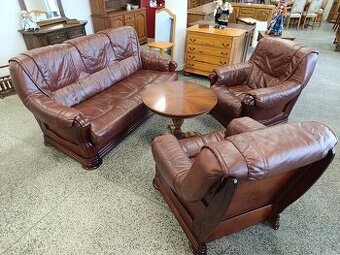 Rozkládací kožená sedací souprava, nábytek z masívu