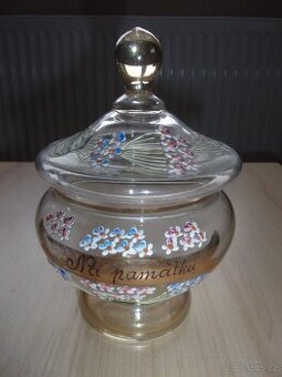 STARÁ SKLENĚNÁ RUČNĚ MALOVANÁ CUKŘENKA - NA PAMÁTKU