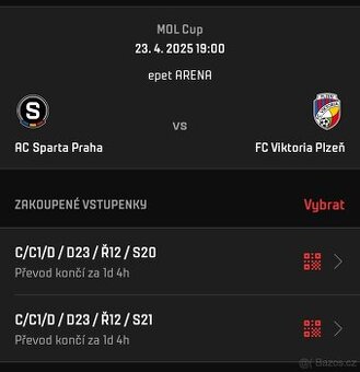 Pohárové utkání Sparta - Plzeň 2 lístky