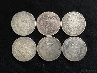 6 kusů stříbrných 5 korun RU F.J.I., mince Rakousko Uhersko
