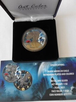 Stříbrná , číslovaná ,kolorovaná mince vlk, 1 oz